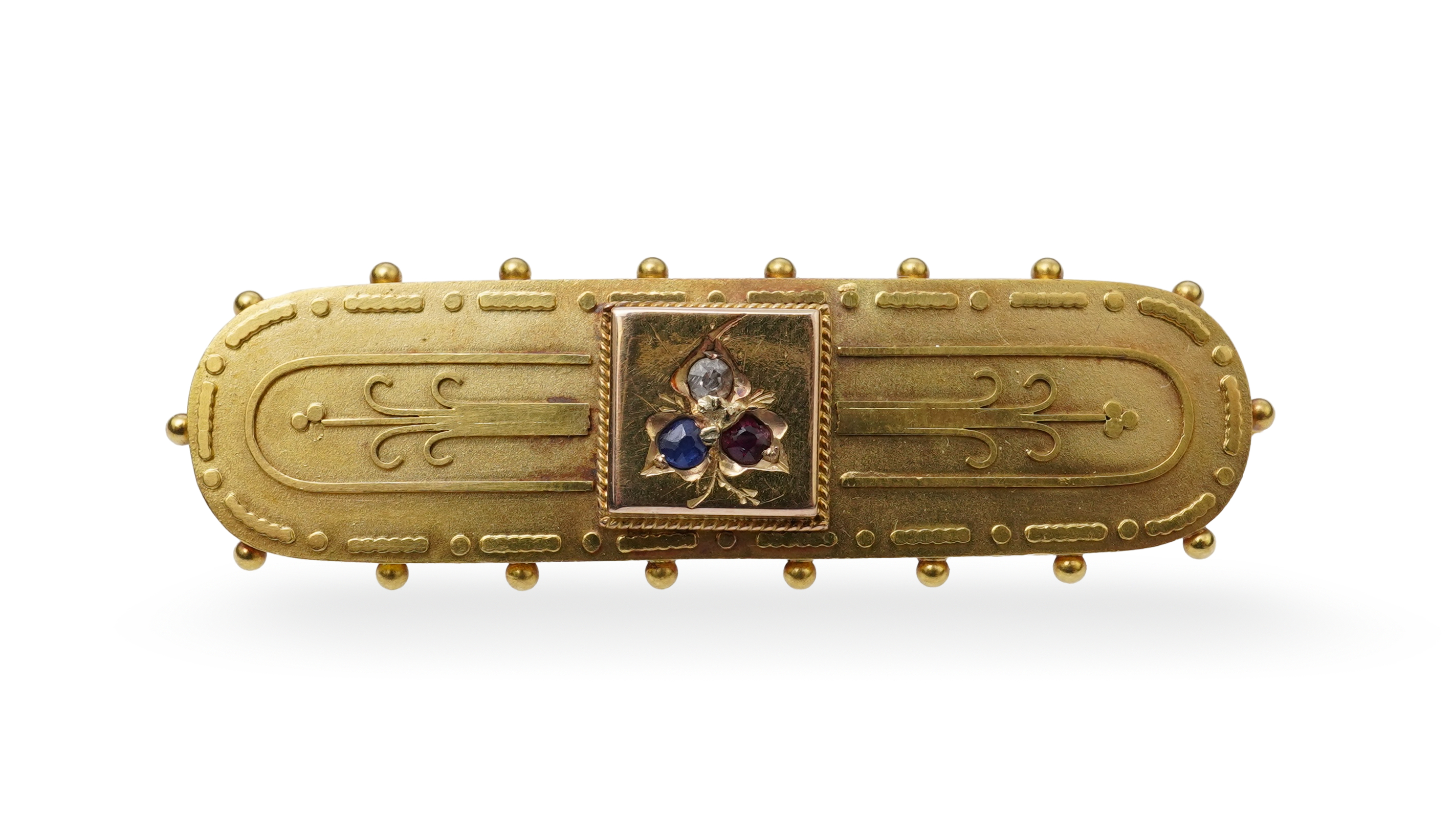 A Victorian gold, gem-set and diamond brooch, circa 1889